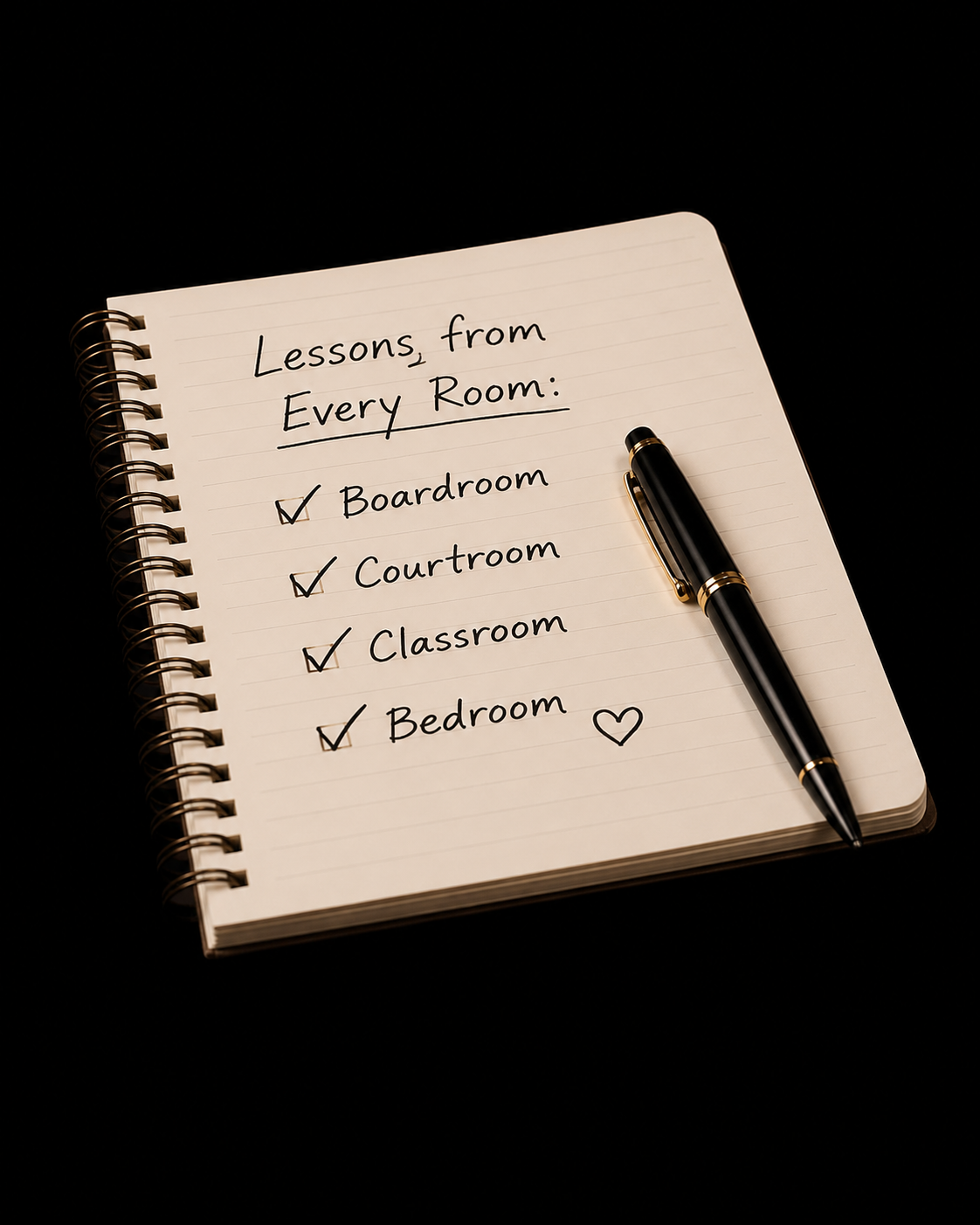 Handwritten notes: Lessons from Every Room: Boardroom, Courtroom, Classroom, Bedroom