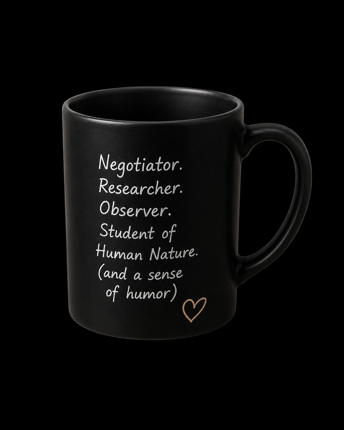 Mug reading: Negotiator. Researcher. Observer. Student of Human Nature. (and a sense of humor)